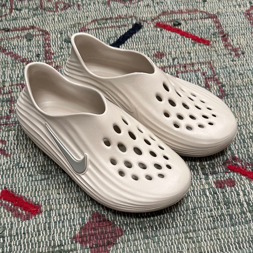 Nike Cream Slip-On Clogs with Silver Swoosh